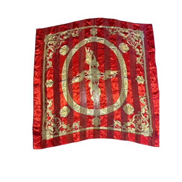 Scarf Shawl Neck Head Red Gold Square Silk Damask Vertical Striped 40" x 40" - Picture 2 of 7